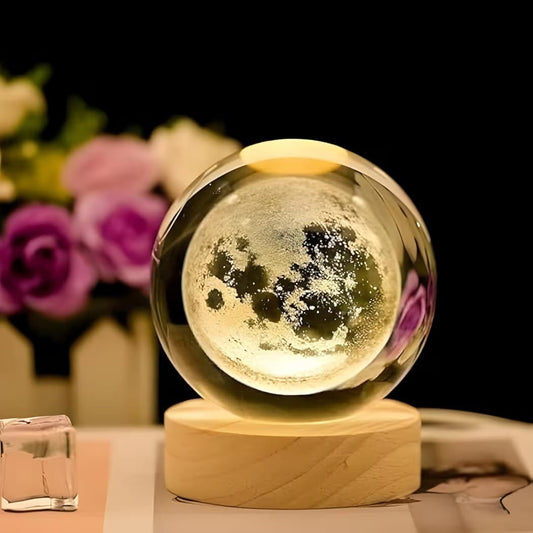 Qamzora™ Moon Crystal Ball LED Night Light with Wooden Base | Decorative Table Lamp