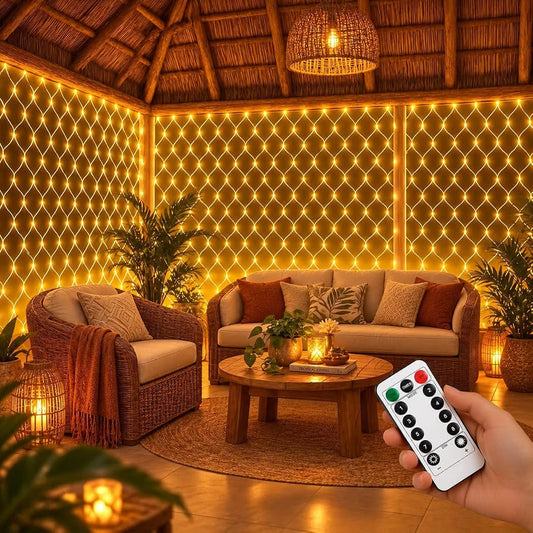 Qamzora™ Gesto Mesh Curtain Fairy Lights – 200 LED, 8 Modes with Remote, 6×6 Ft